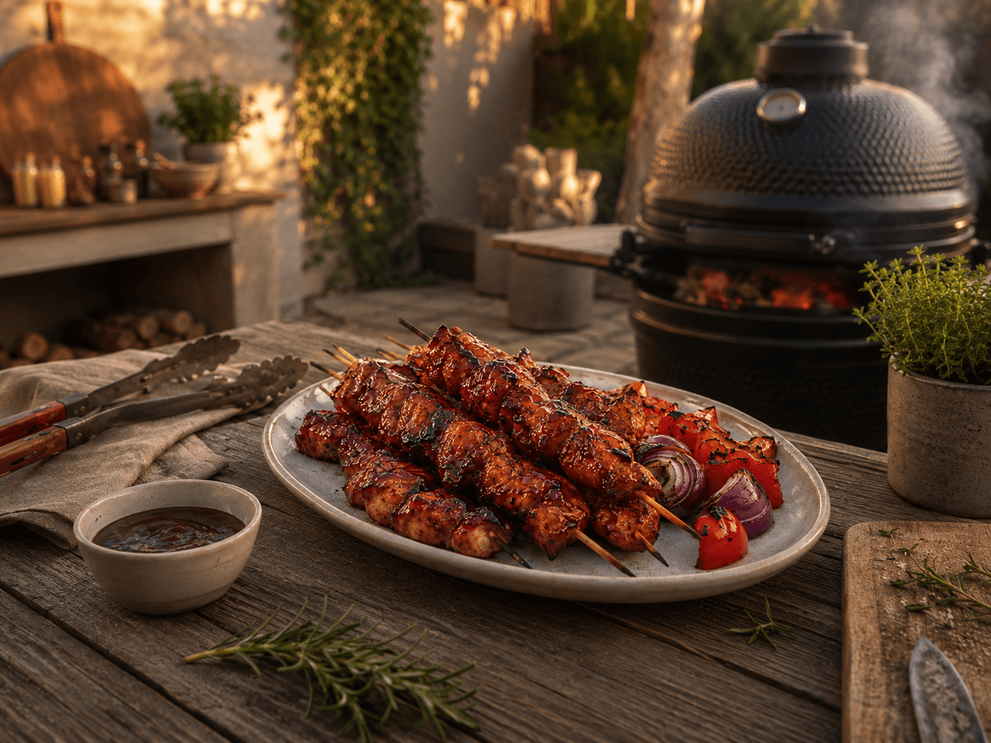 Sticky BBQ-kipspiesen in een warme buitenkeuken
