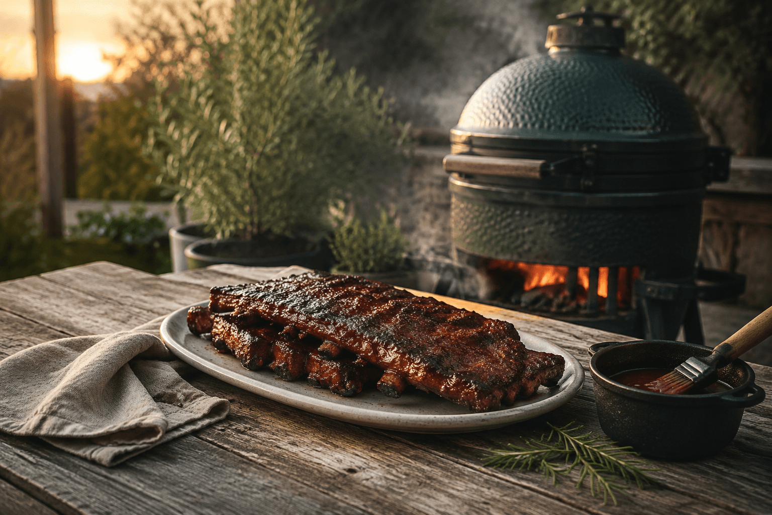 Sticky spareribs op een houten tafel bij de kamado