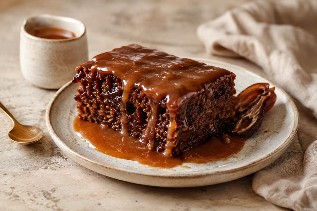 Sticky Toffee Pudding met Dadels en Karamelsaus