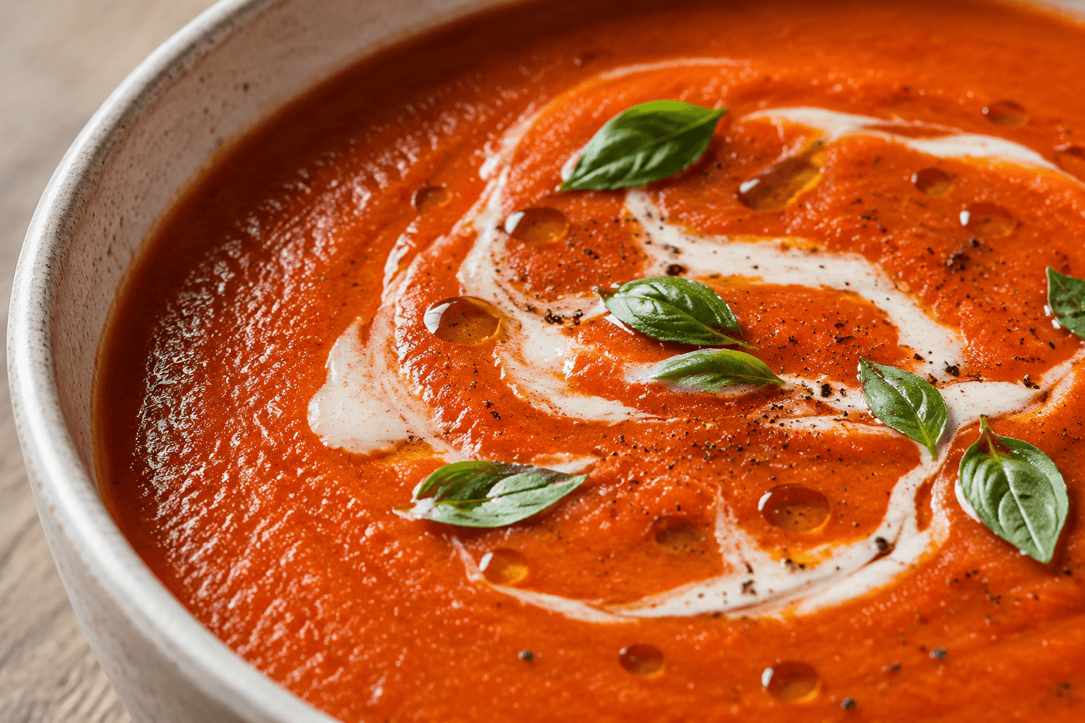 Close-up van fluweelzachte tomatensoep met een roomwerveling