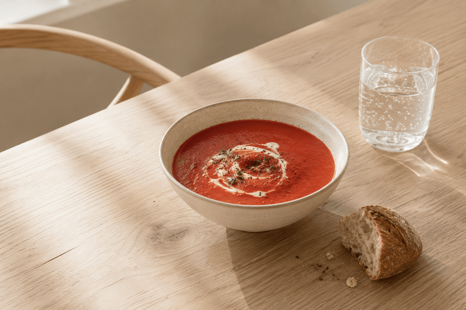 Tomatensoep met brood op een Scandinavische lunchtafel