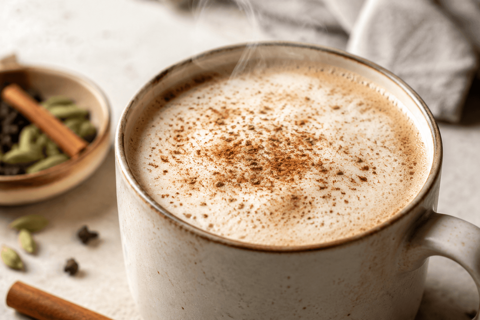 Close-up van romige chai latte met kaneel