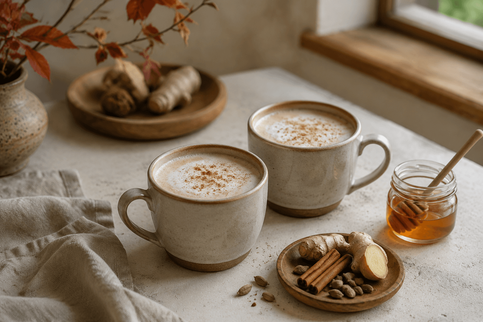 Chai latte met specerijen in een warme setting