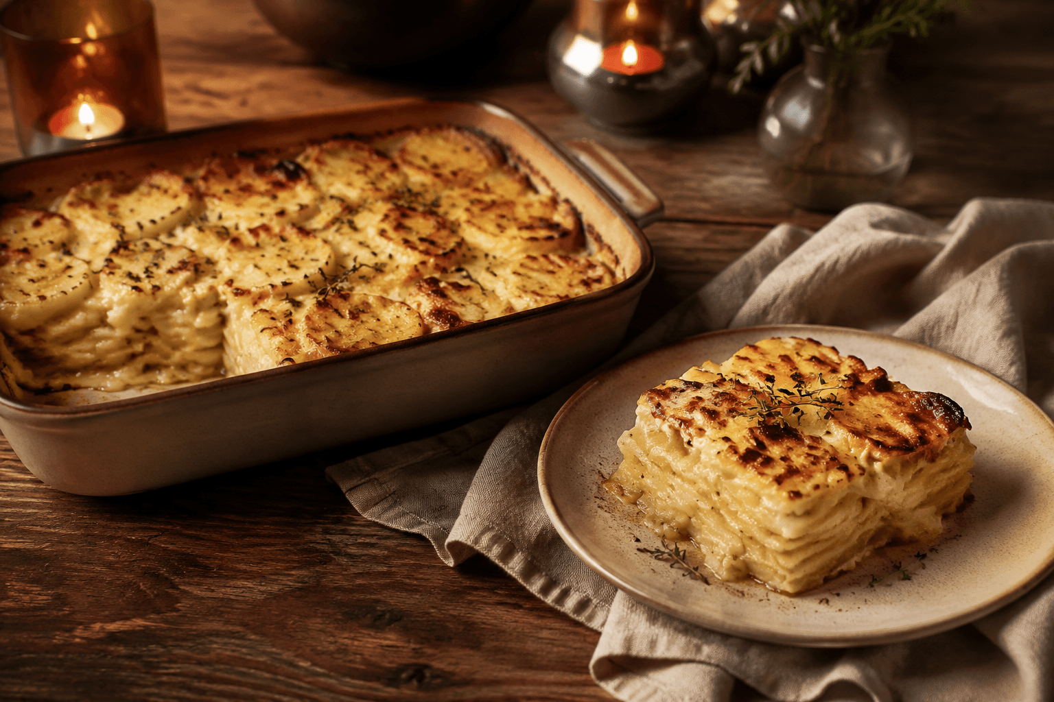 Aardappelgratin in een warme huiselijke dinersetting