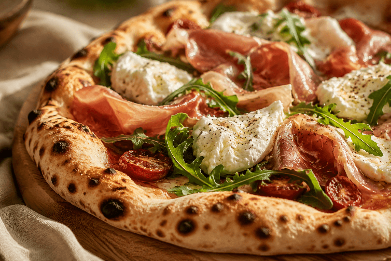 Close-up van pizza met prosciutto, romige burrata en rucola