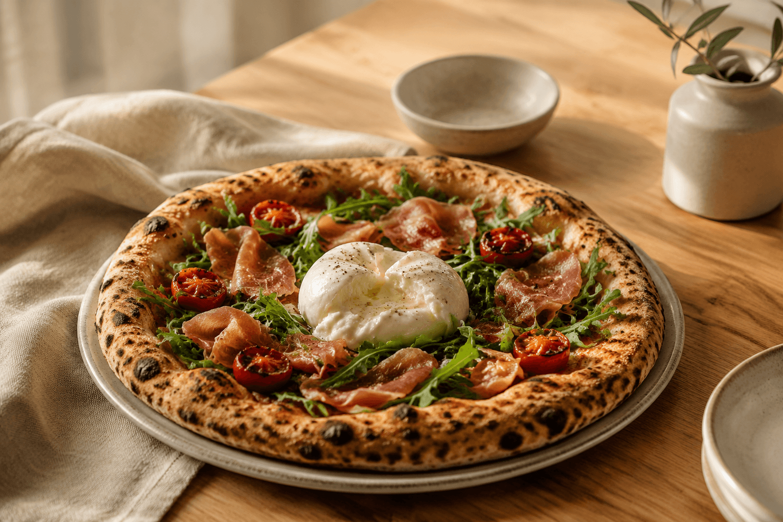 Ambachtelijke pizza met prosciutto, burrata en rucola