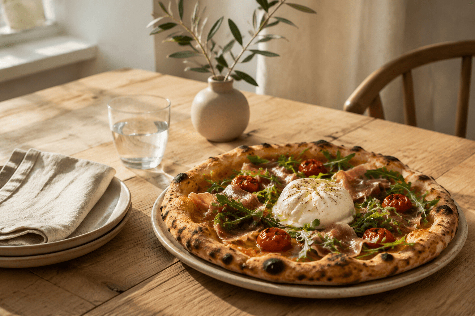 Pizza met prosciutto en burrata in een warme tafelsetting