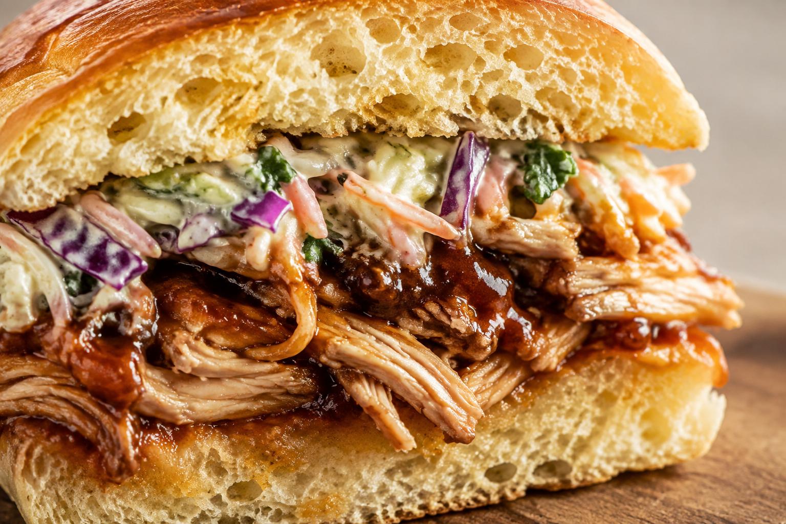 Close-up van sappige pulled chicken in een geroosterde briochebol