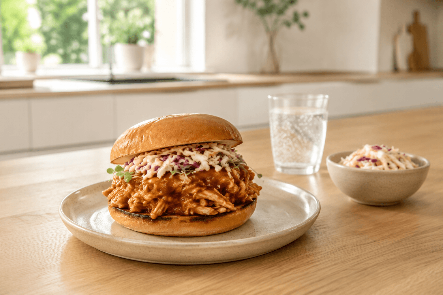 Pulled chicken sandwich op een lichte Scandinavische lunchtafel