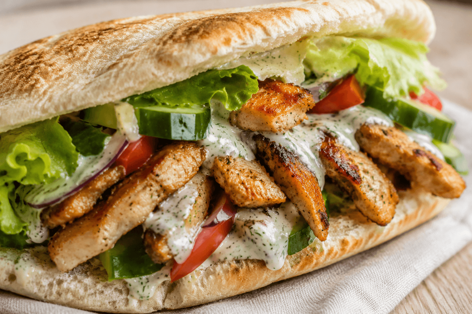 Close-up van broodje kebab met kip, salade en knoflooksaus