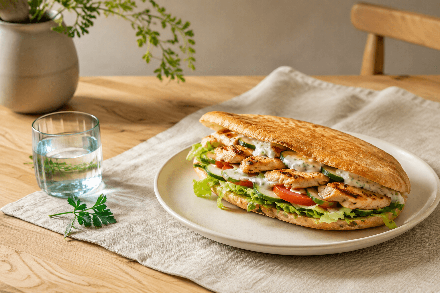 Broodje kebab in een frisse lunchsetting
