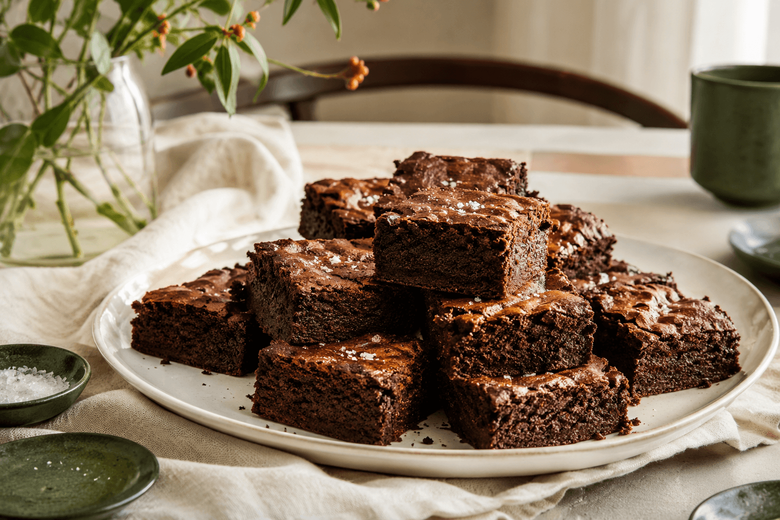 Chocoladebrownies met zeezout in een sfeervolle setting