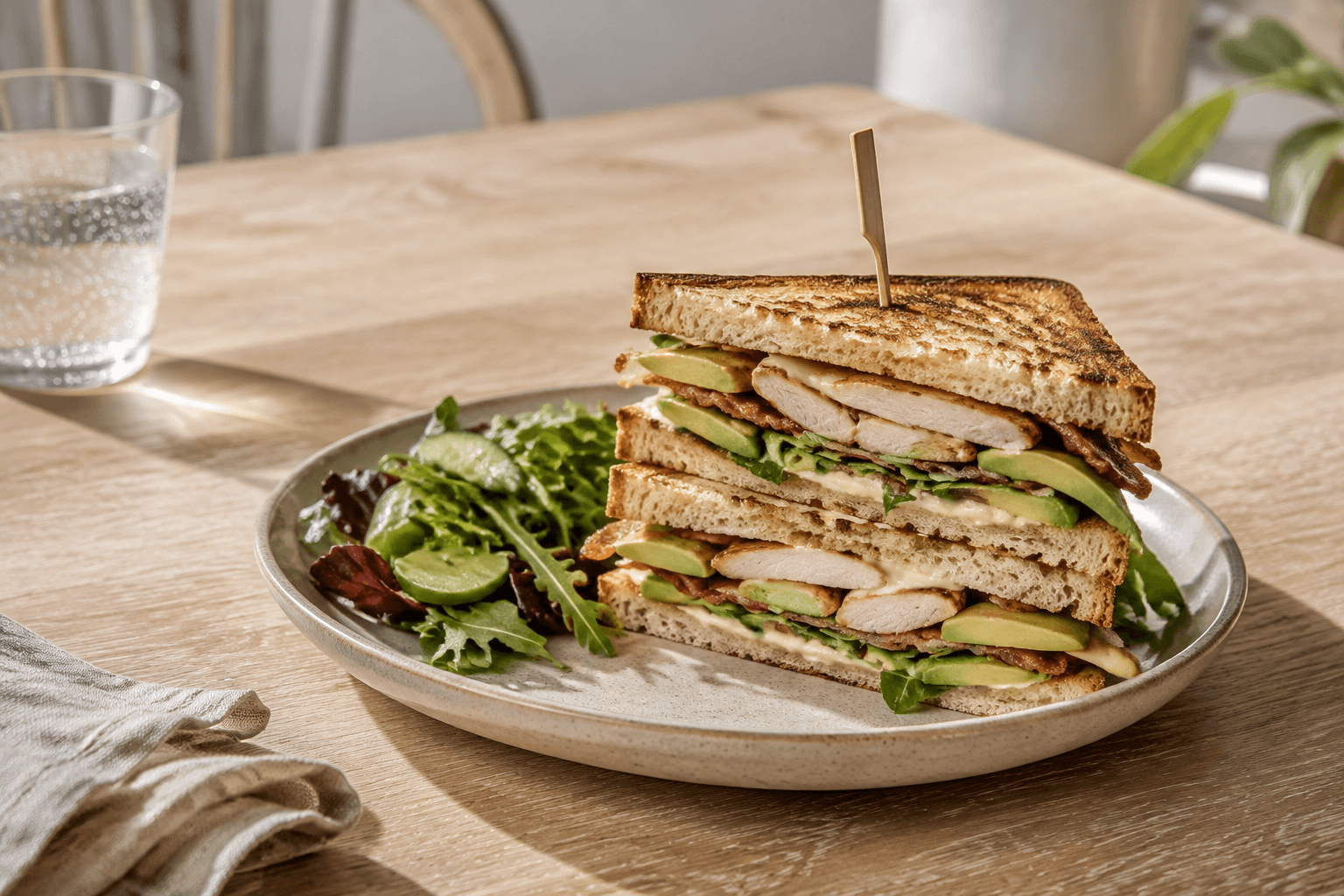 Club sandwich in een frisse moderne lunchsetting