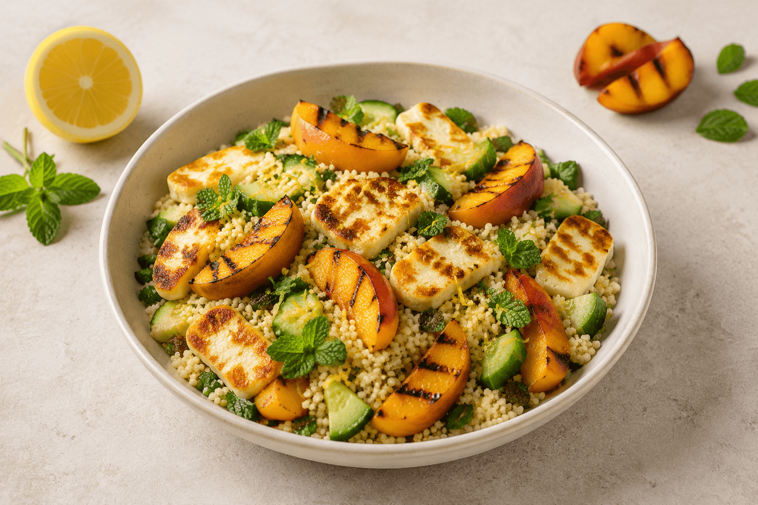 Couscoussalade met gegrilde perzik en halloumi