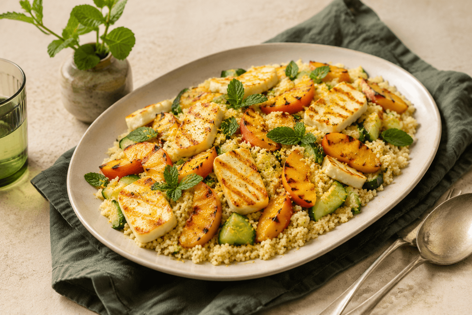 Couscoussalade met gegrilde perzik en halloumi in een sfeervolle setting