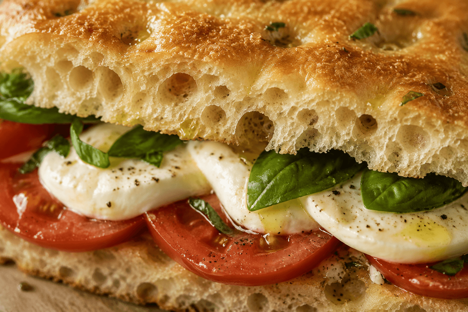Close-up van luchtige focaccia met sappige tomaat en mozzarella