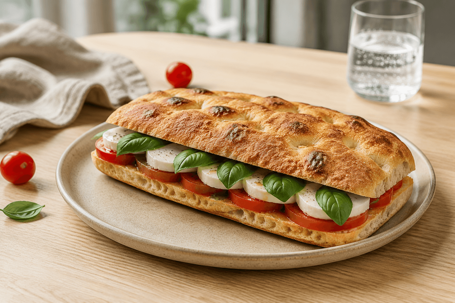 Focaccia caprese op een lichte Italiaanse lunchtafel