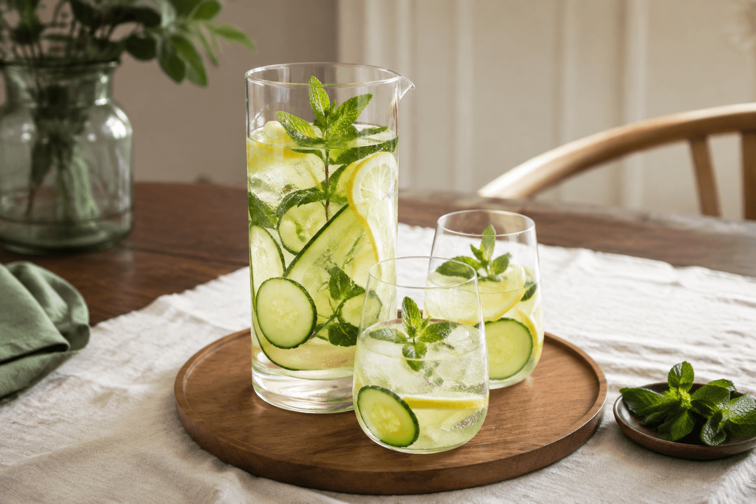 Frisse komkommer-muntlimonade in een sfeervolle setting