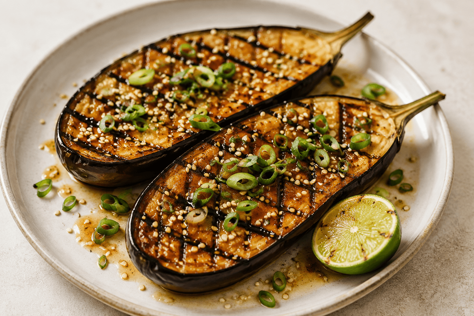 Close-up van gegrilde aubergine met miso en sesam
