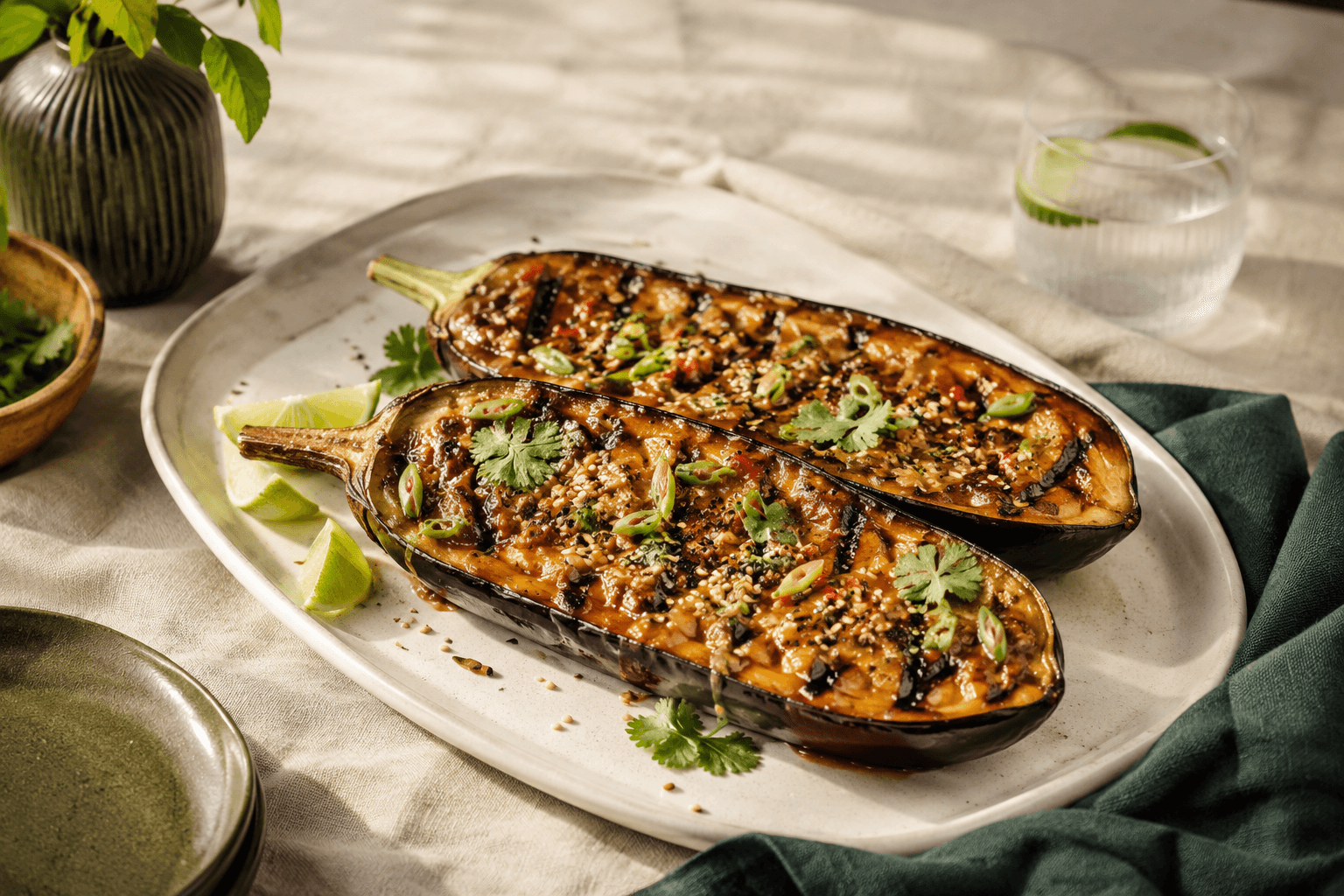 Gegrilde aubergine met miso en sesam in een sfeervolle setting