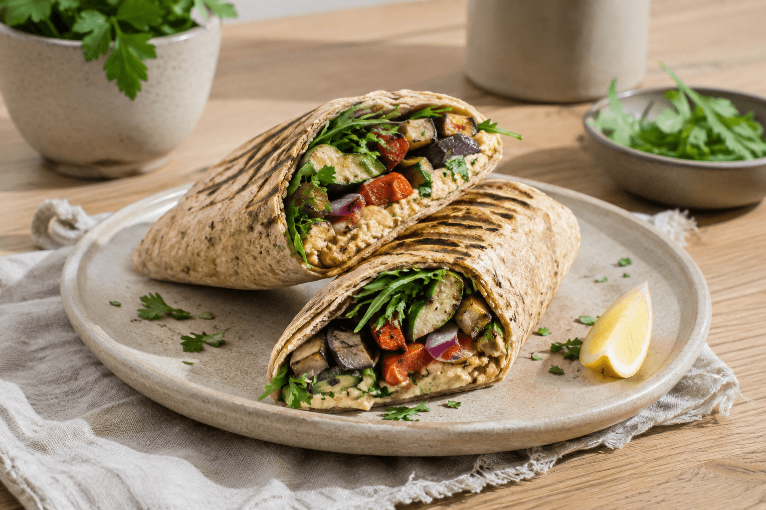 Gegrilde groentewrap met hummus