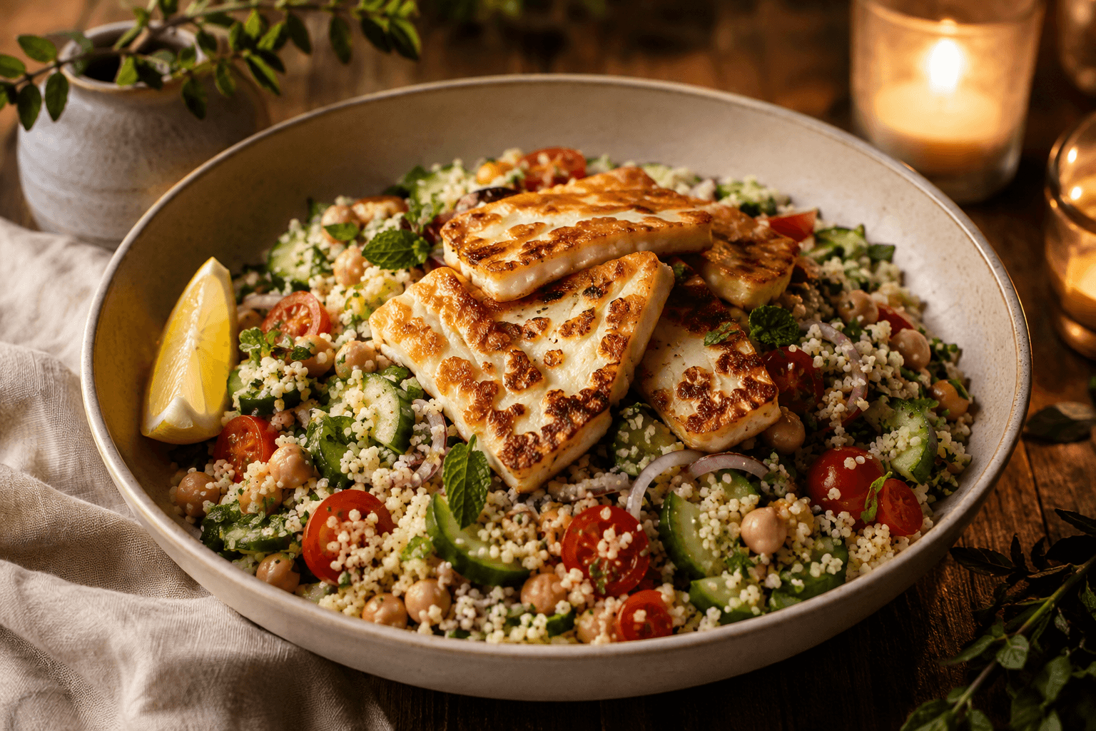 Halloumi bowl met couscous