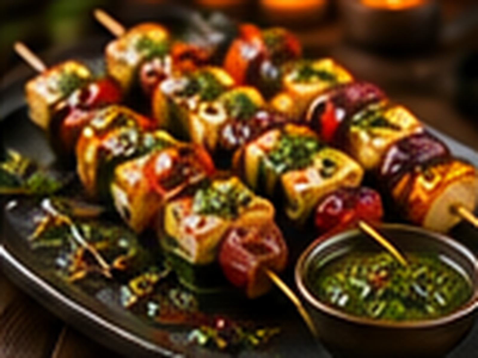 Halloumi-groentespiesen in warme BBQ-setting