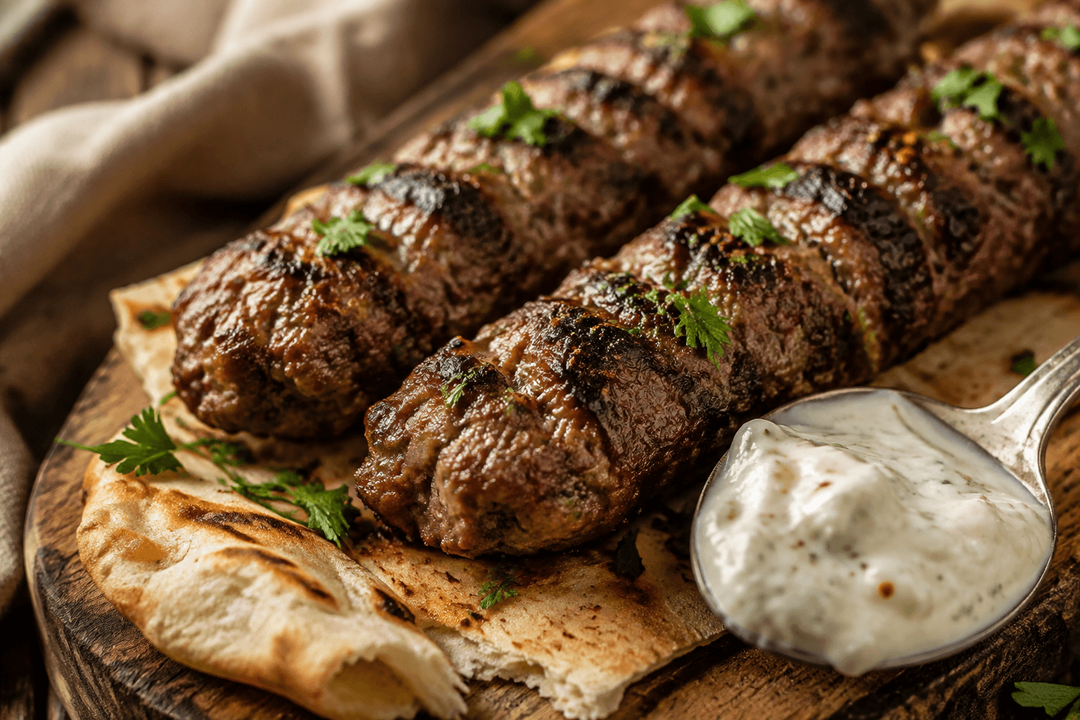 Close-up van gegrilde lamskebab met knoflooksaus