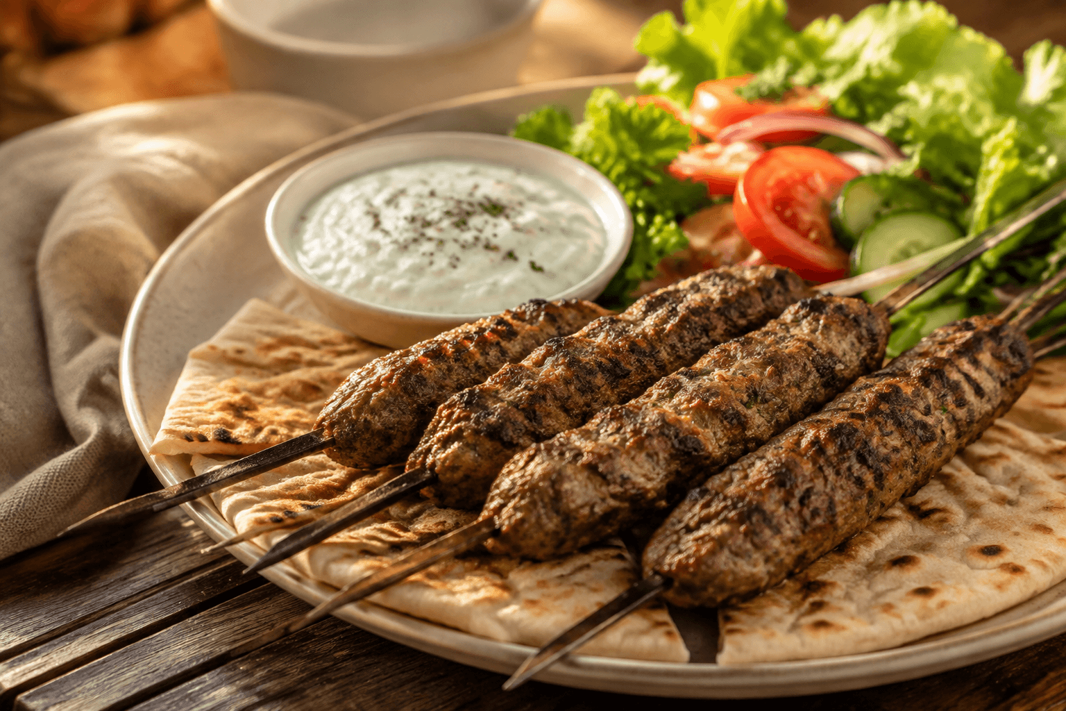 Huisgemaakte lamskebab met frisse knoflooksaus