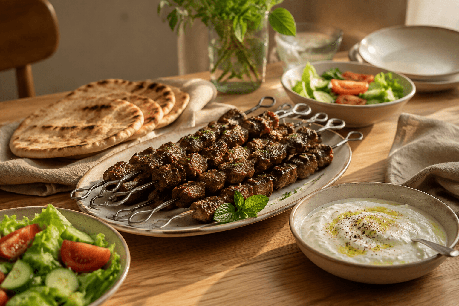 Lamskebab met platbrood en salade in een warme tafelsetting