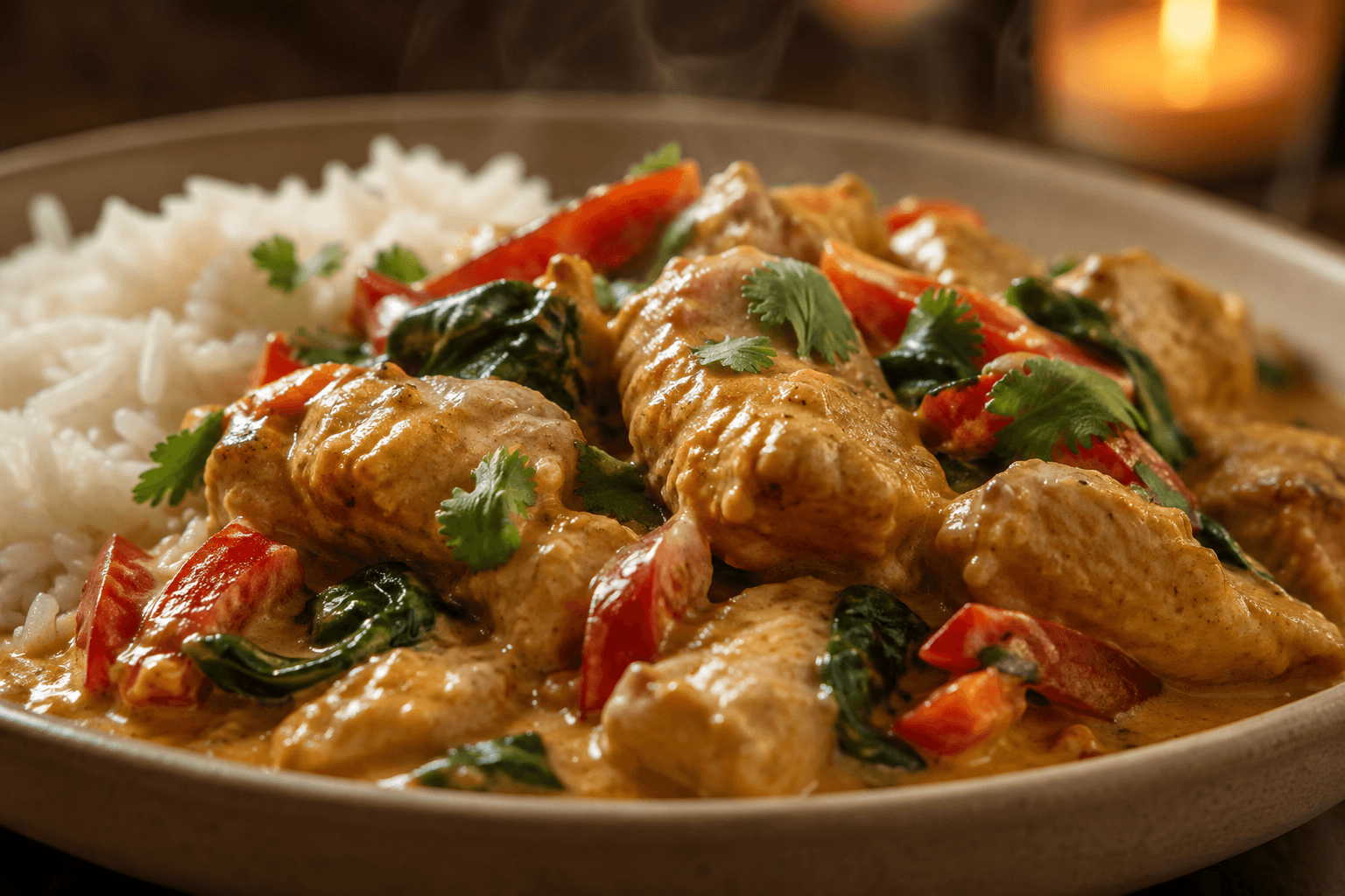 Close-up van malse kip in romige kokos-currysaus