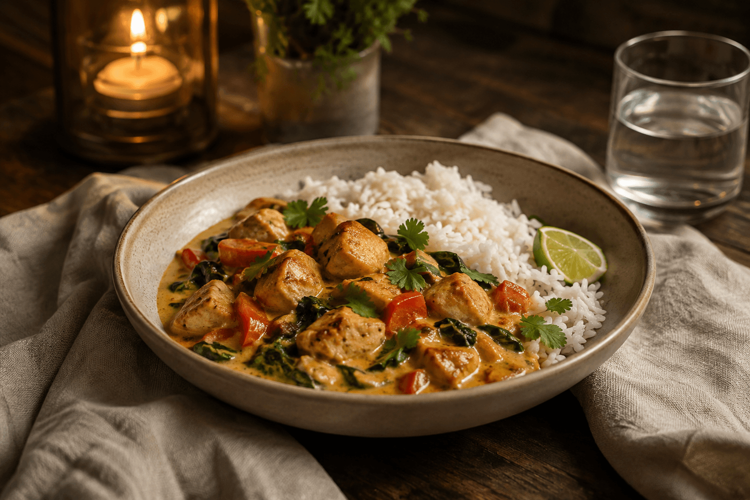 Kipcurry met rijst op een warme moderne eettafel