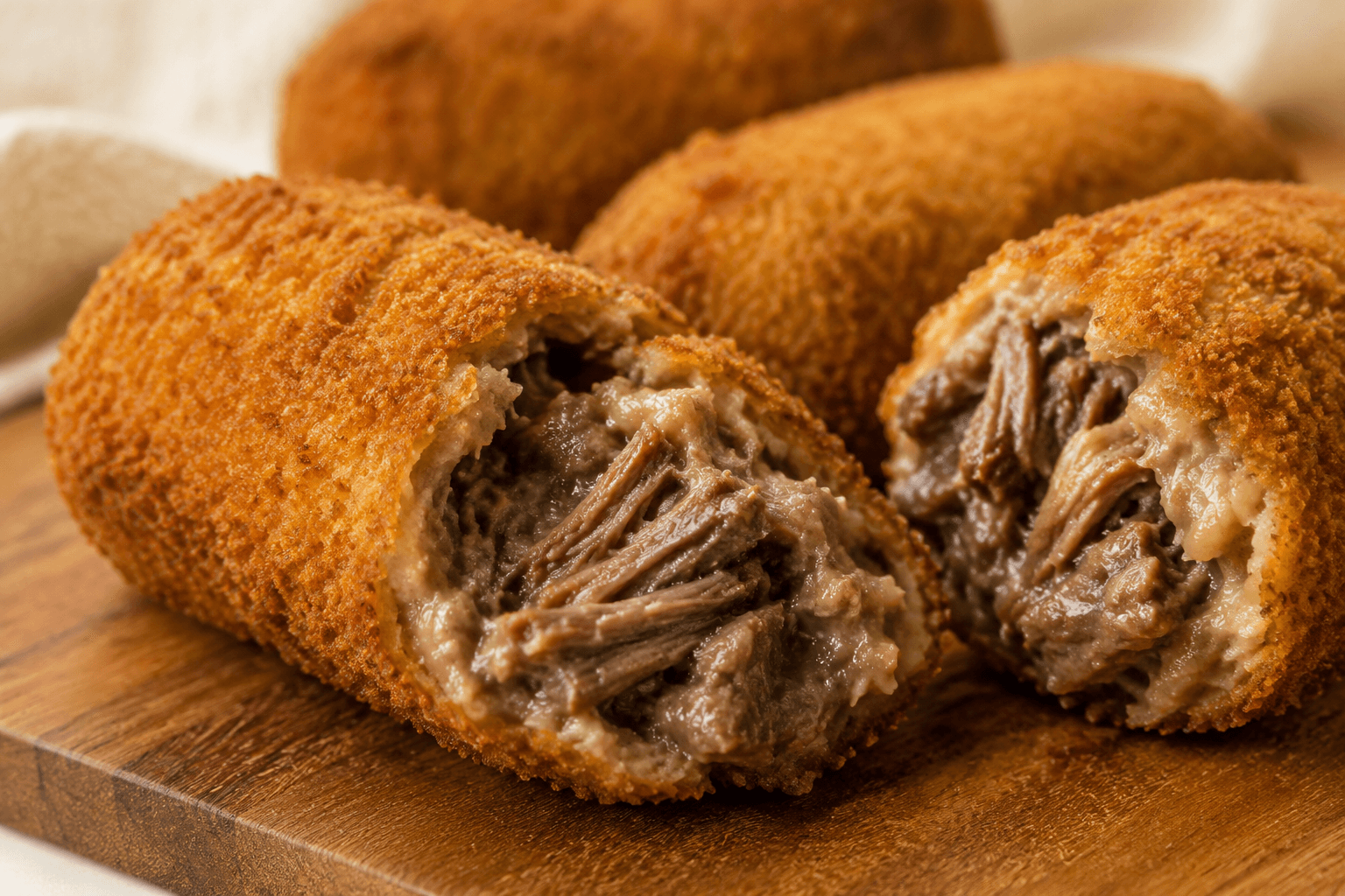 Close-up van een krokante rundvleeskroket met rijke ragout