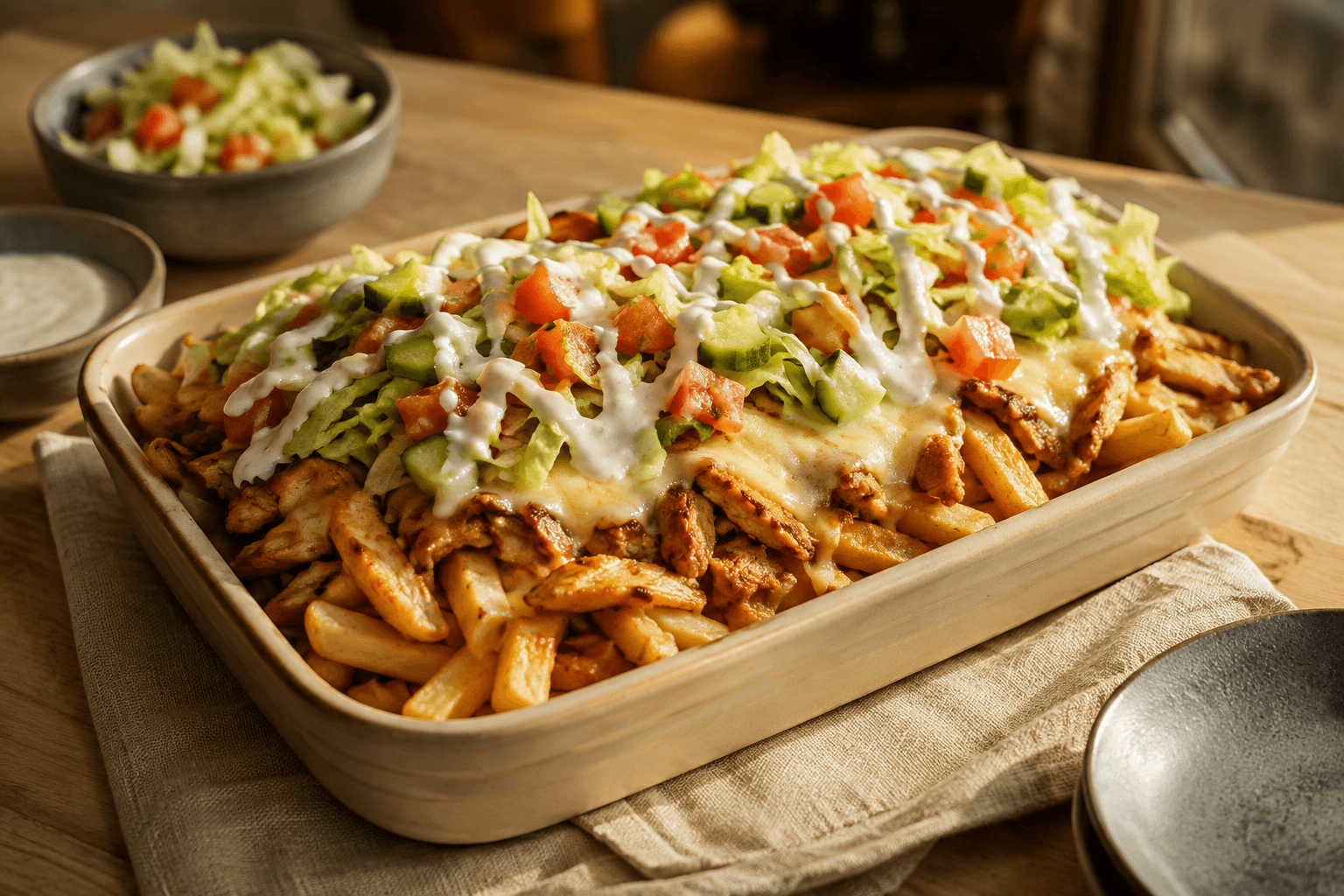 Klassieke kapsalon met kipshoarma en gesmolten kaas