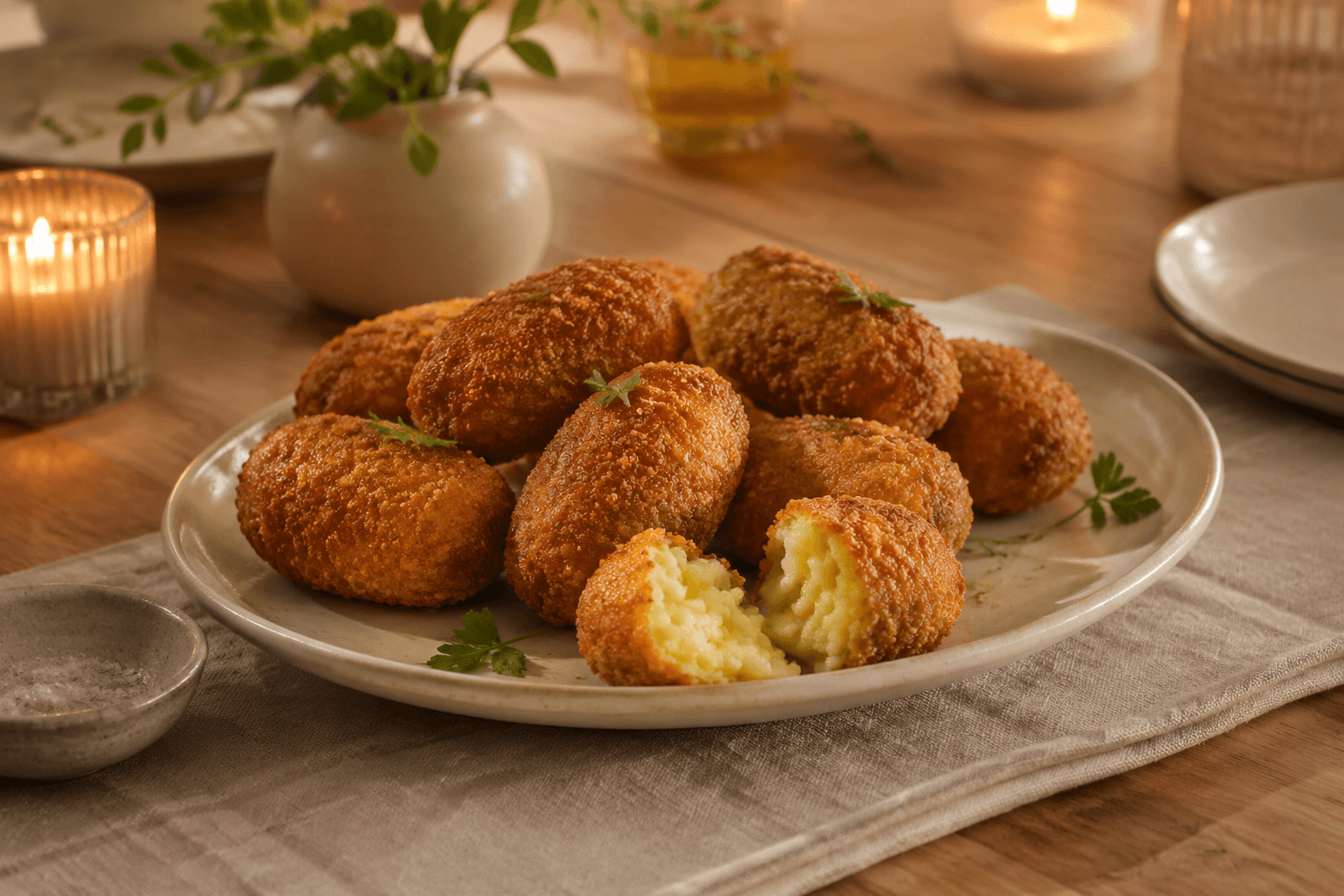 Goudbruine aardappelkroketten op een warme borreltafel