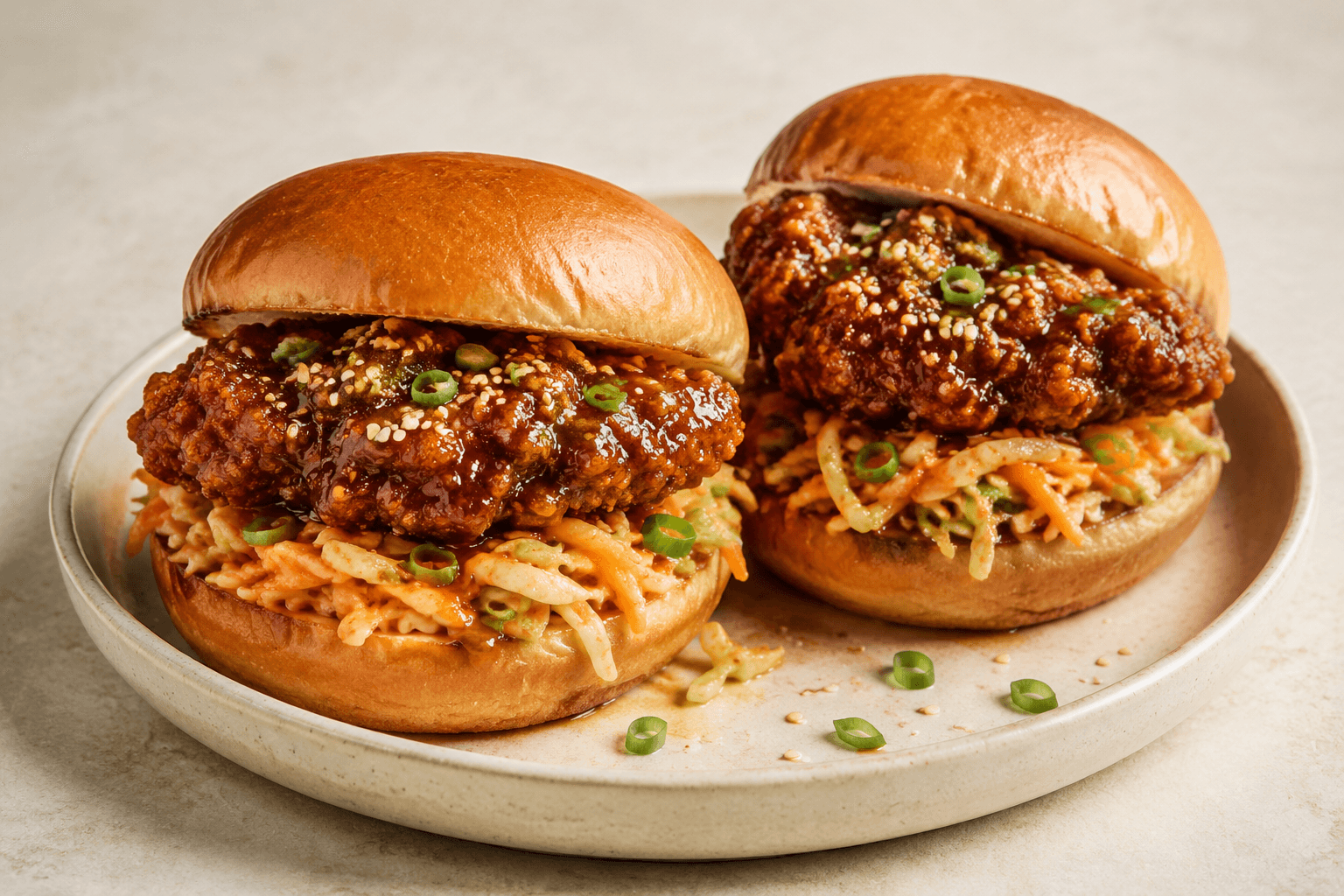 Close-up van koreaanse kipburgers met pittige koolsla