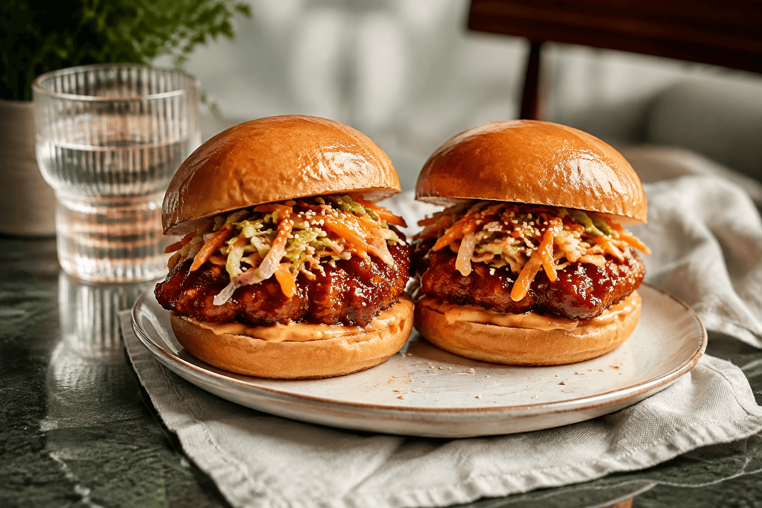 Koreaanse kipburgers met pittige koolsla in een sfeervolle setting