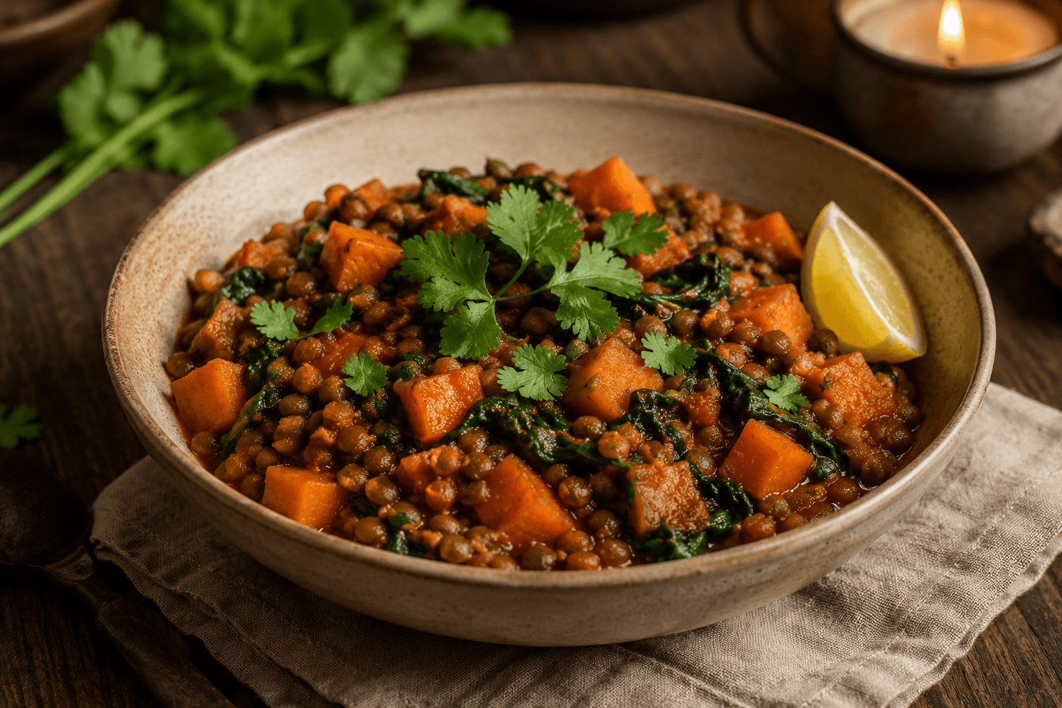 Linzenstoof met zoete aardappel