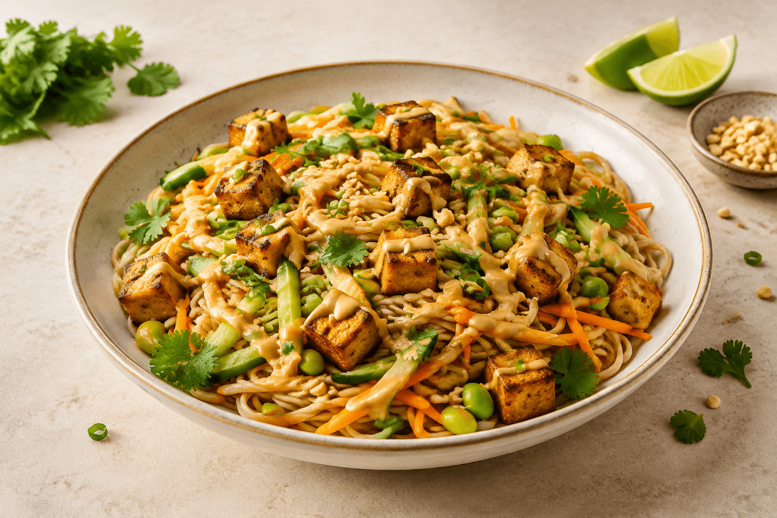 Noedelsalade met krokante tofu en pindadressing