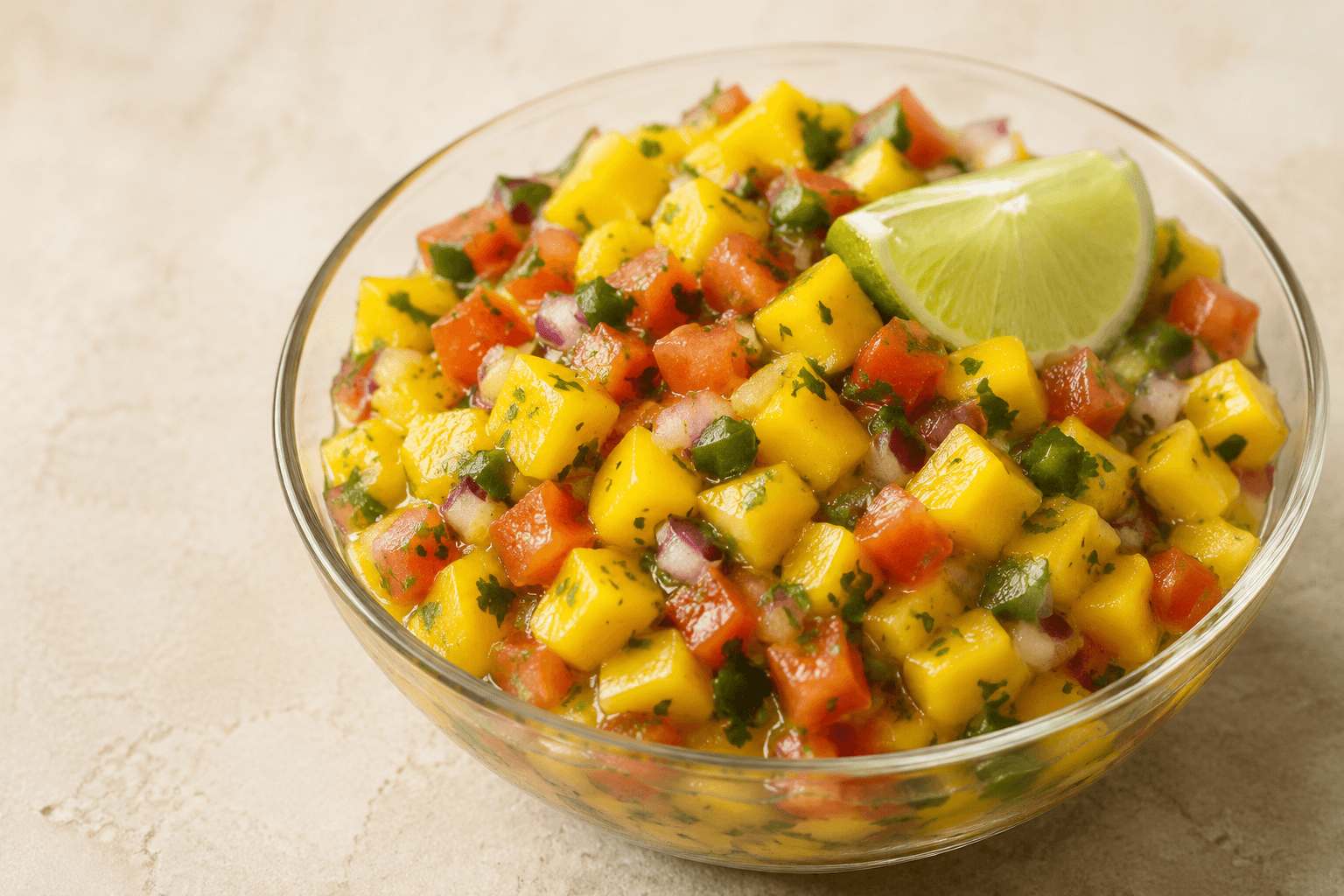 Close-up van pittige mangosalsa met limoen