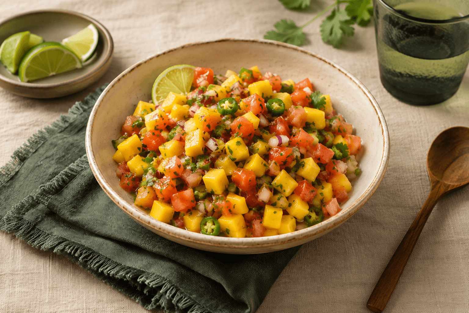 Pittige mangosalsa met limoen in een sfeervolle setting