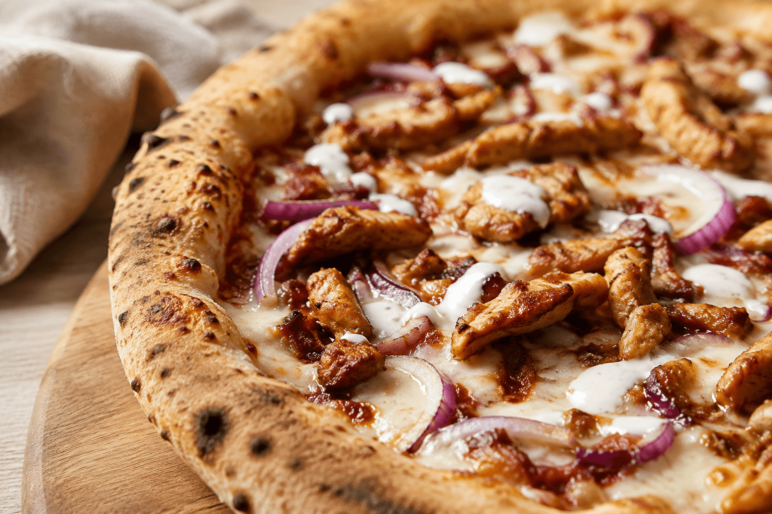 Close-up van pizza met kipshoarma, kaas en rode ui