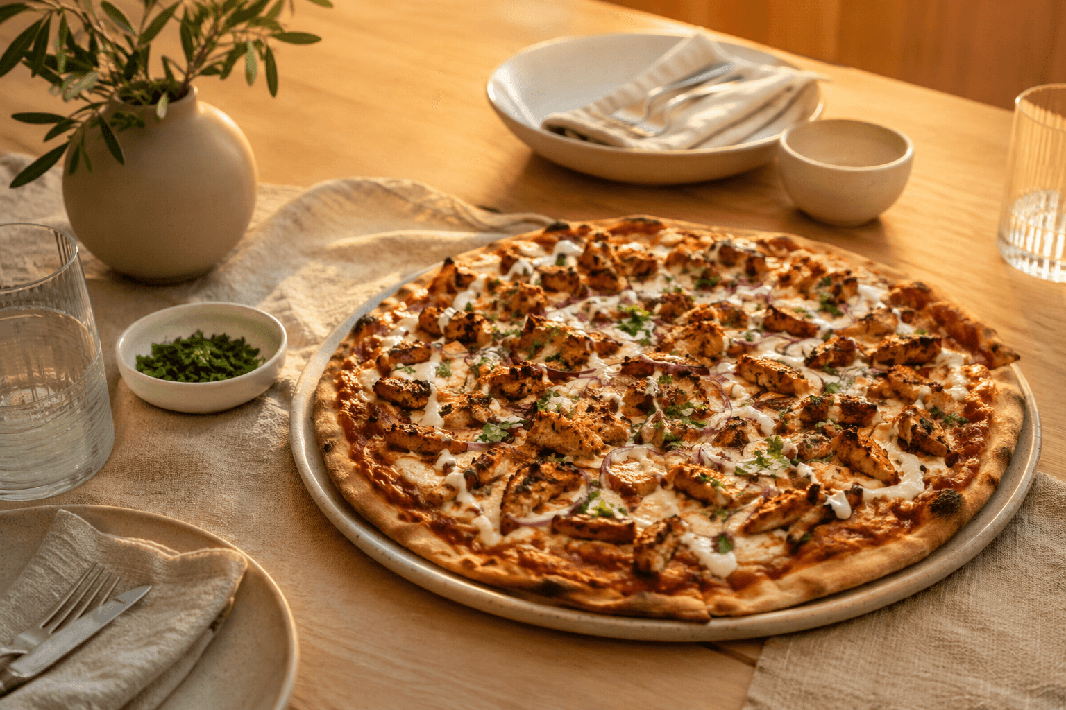 Pizza Shoarma in een warme streetfood tafelsetting