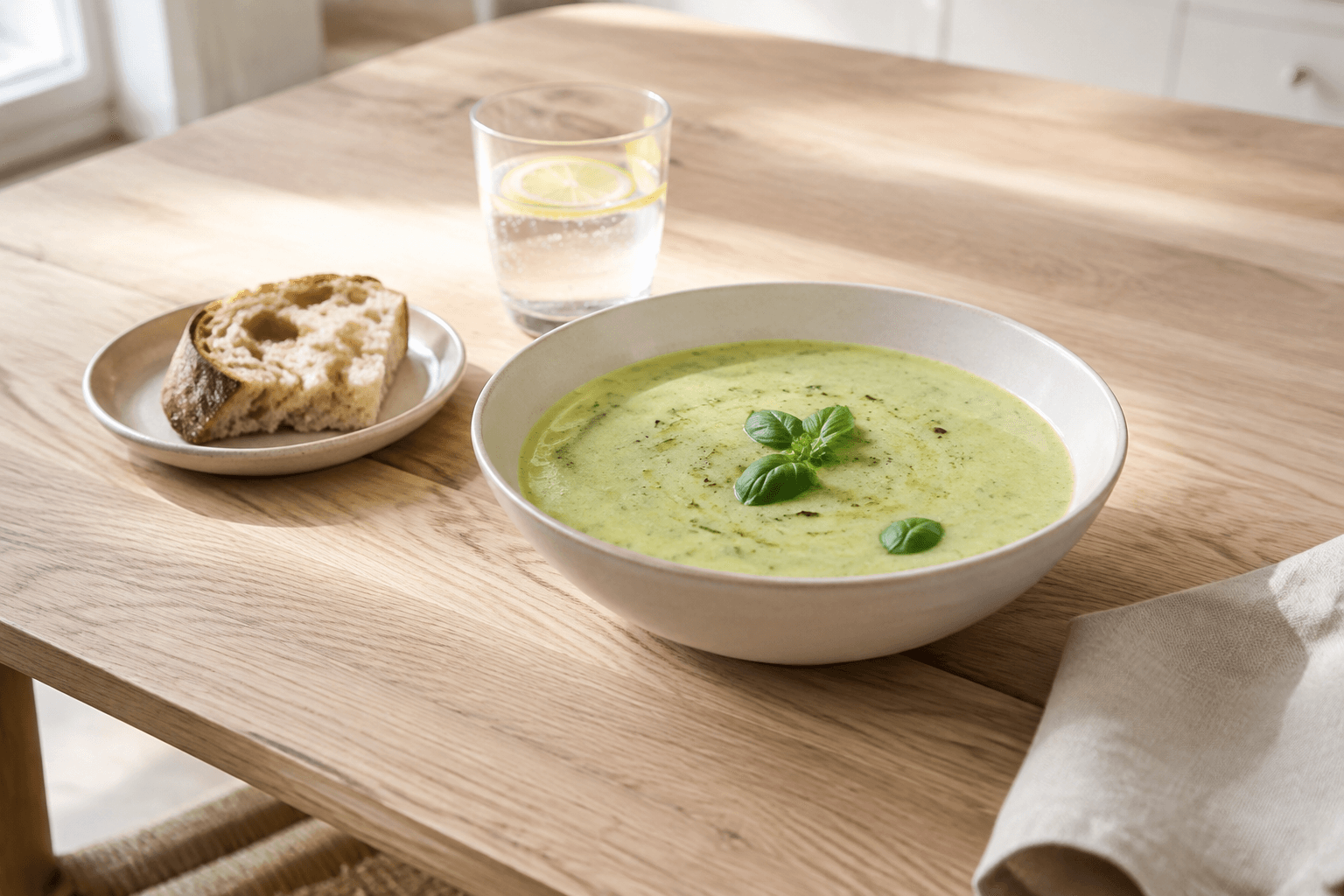 Courgettesoep op een lichte Scandinavische lunchtafel