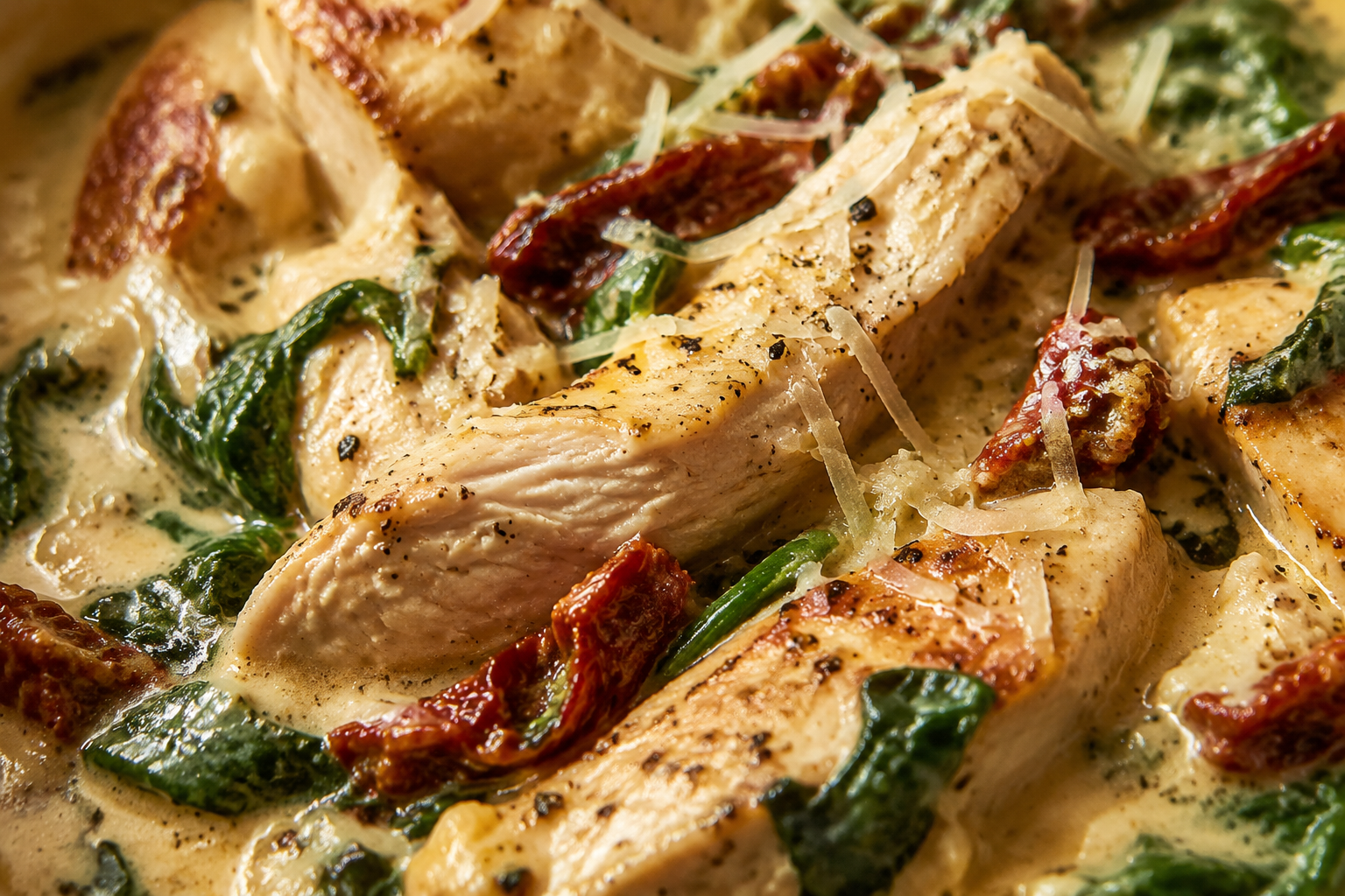 Close-up van malse kip in romige saus met zongedroogde tomaat