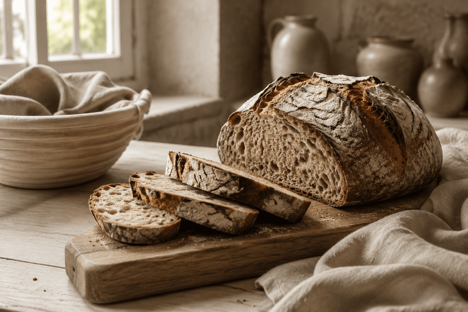 Ambachtelijk zuurdesembrood in een warme bakkerijsetting