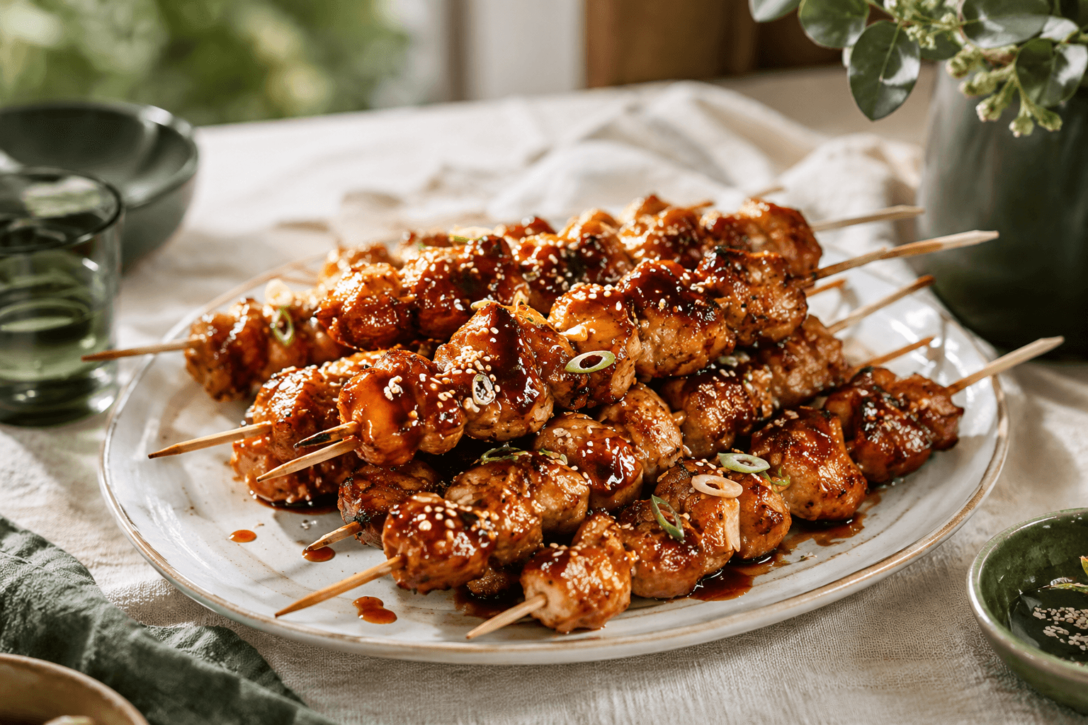 Sticky kipspiesen met honing-soja in een sfeervolle setting