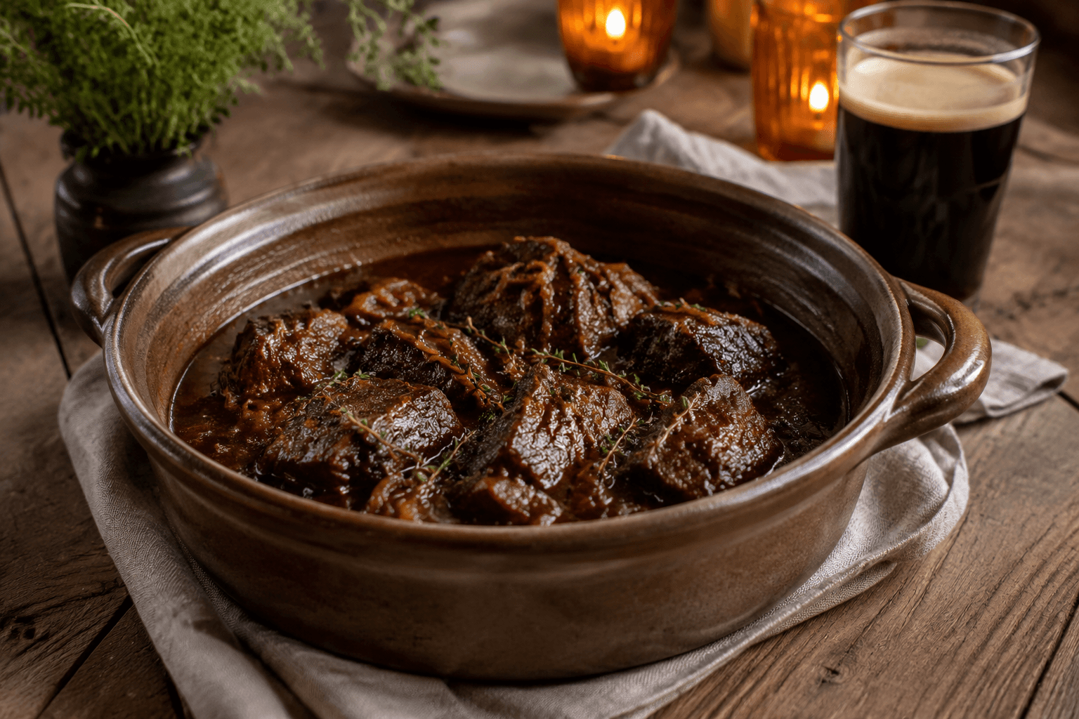 Stoofvlees in een warme Scandinavische dinersetting