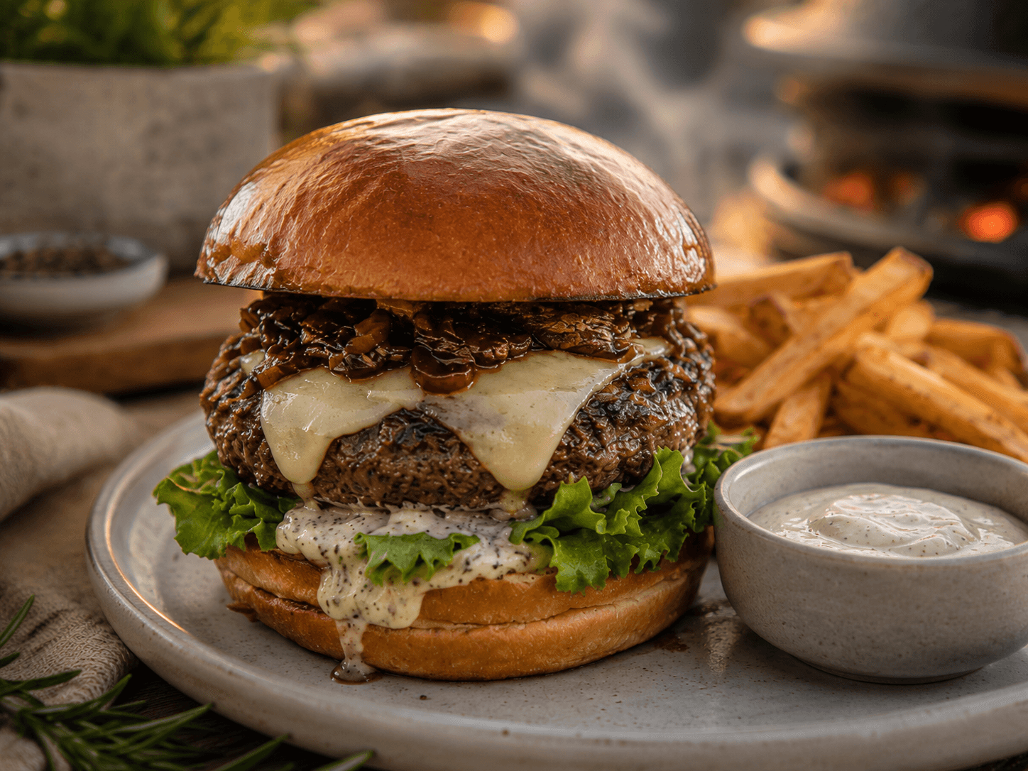 Close-up van truffelburger met kaas en truffelmayonaise