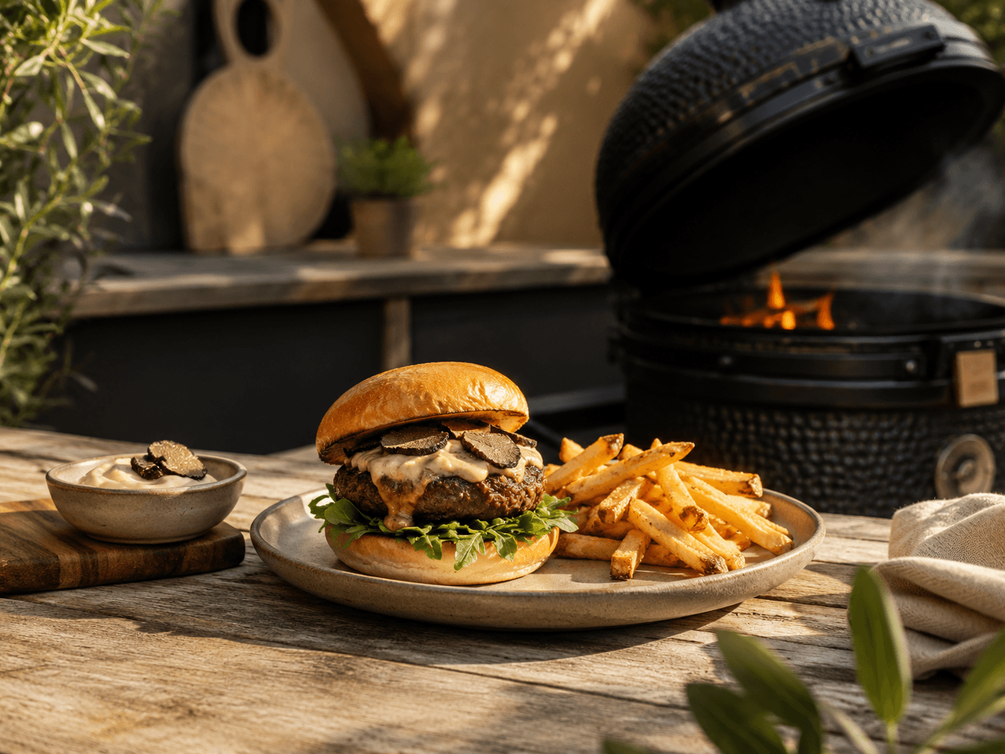 Truffelburger in een warme BBQ-setting